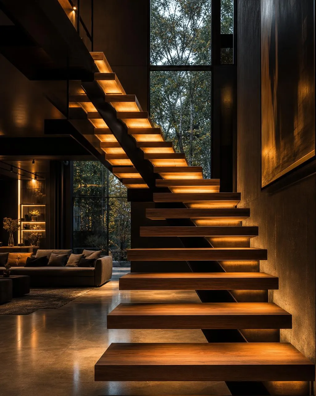 Escalera flotante con estructura metálica y peldaños de madera iluminados